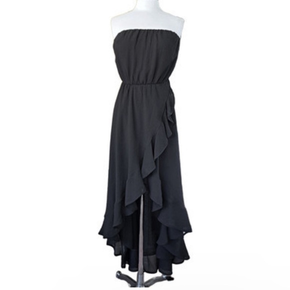 Final! Thrifts Sat DRESS THE POPULATION Black Chiffon Strapless HiLow Maxi Dress - Picture 1 of 12